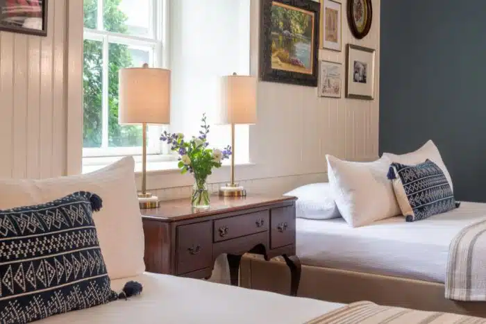 The interior of one of the Homestead bedrooms with two twins