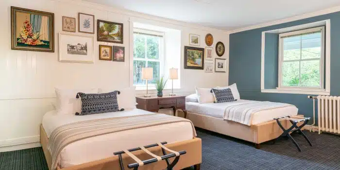 Two twin beds in one of the accommodations