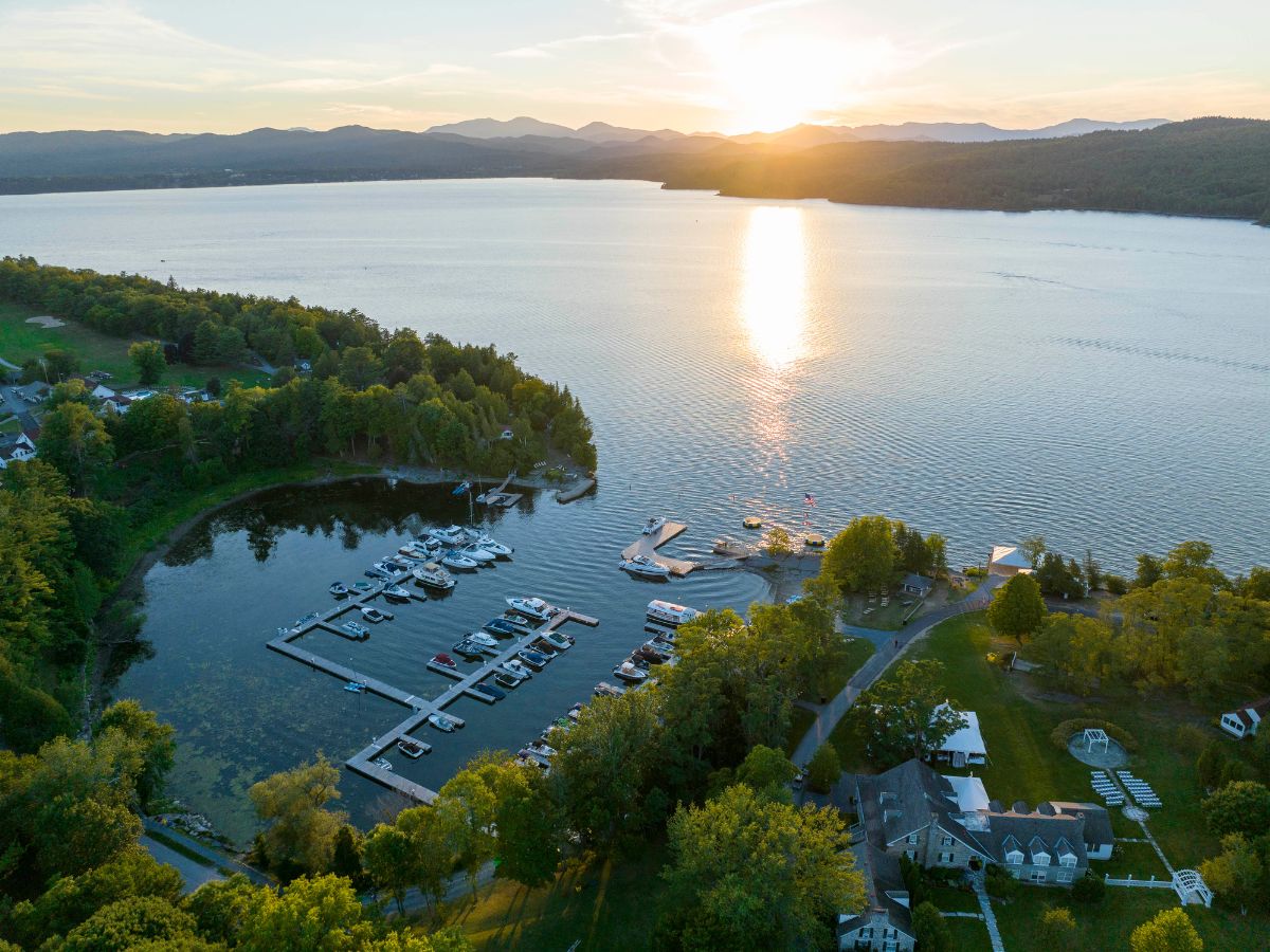 Aerial view of Basin Harbor at Golden Hour