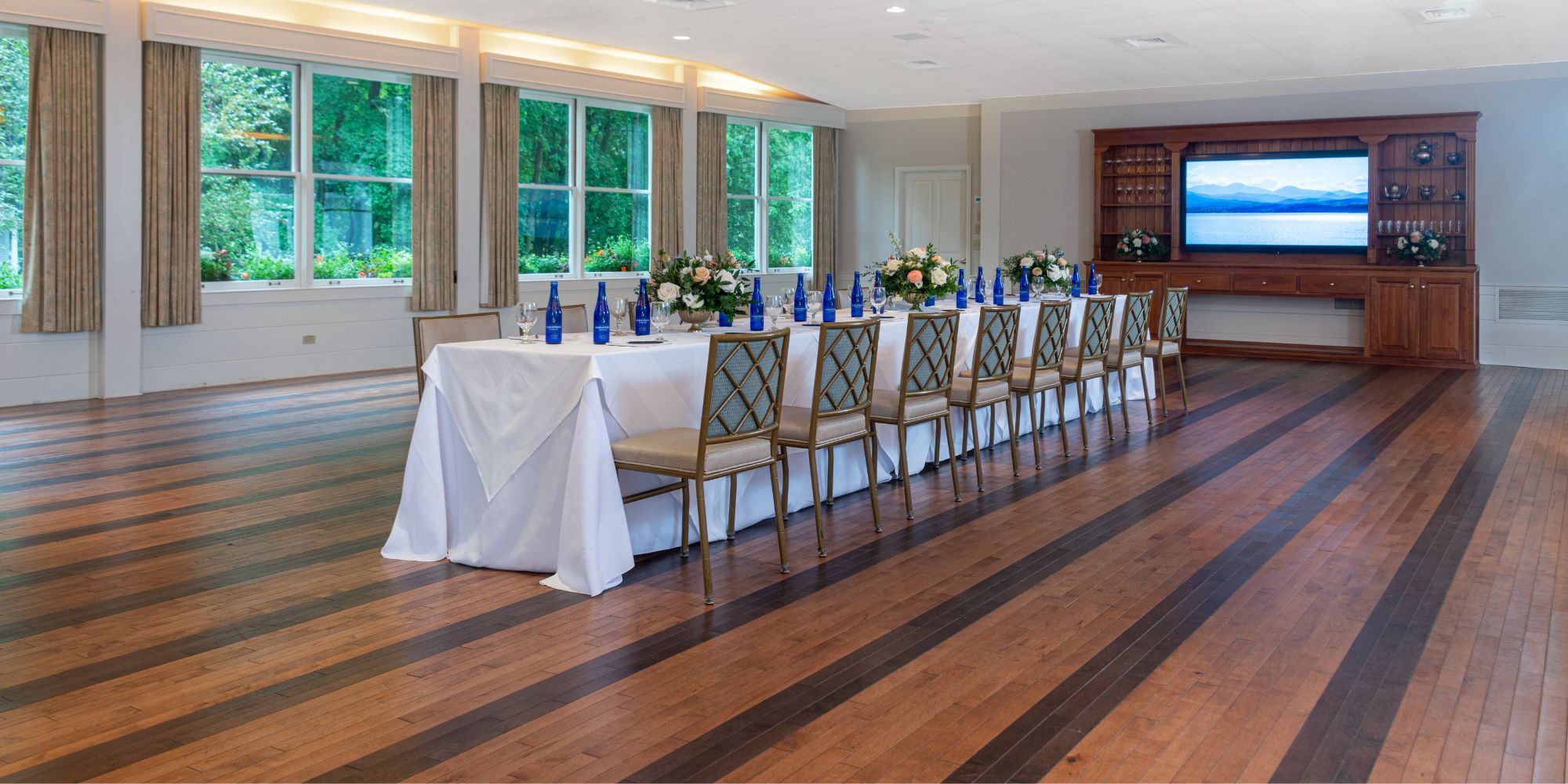 Conference style table set up in the Terrace Room at Basin harbor