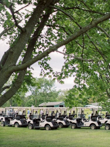 Golf carts at Basin Harbor lined up preparing for a tournament