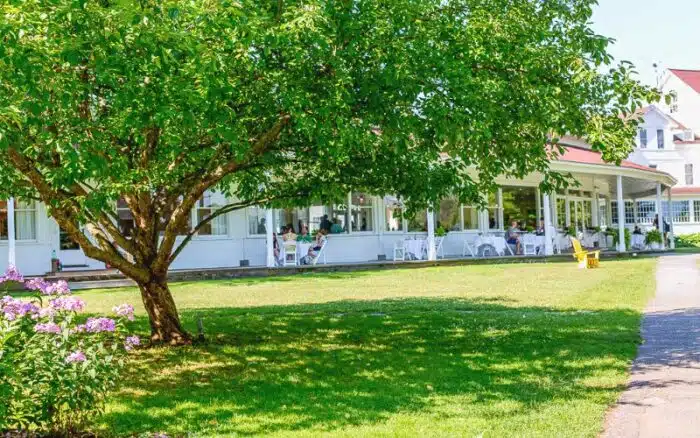 Surprise Garden Lawn off the Terrace Room is a open space surrounded by gardens on two sides and partial harbor views