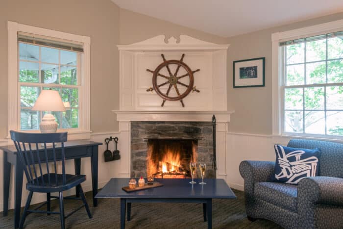 A fireplace in one of the accommodations