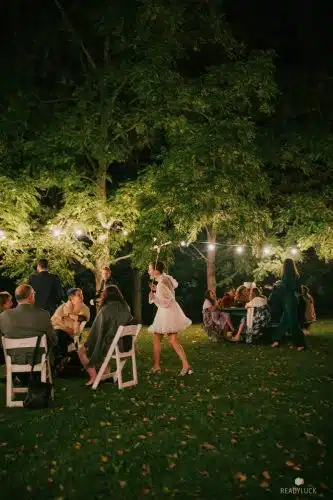 Red Mill Lawn at night with twinkle lights