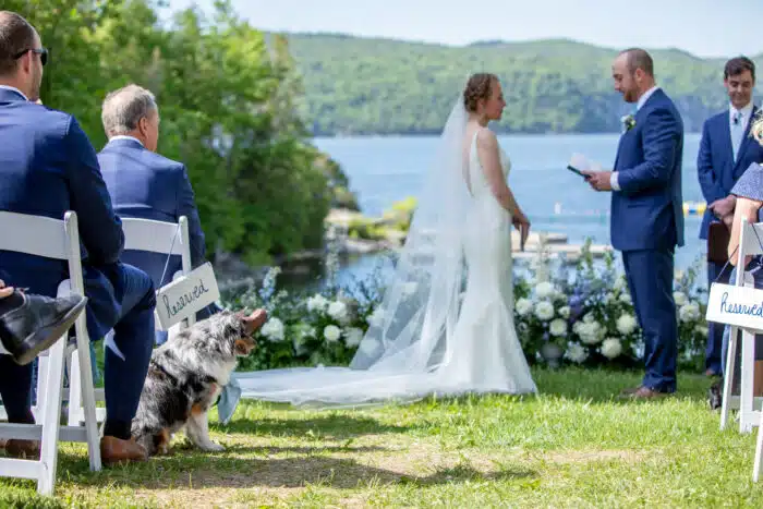 Couple exchanging vows on the Lodge Lawn wedding ceremony