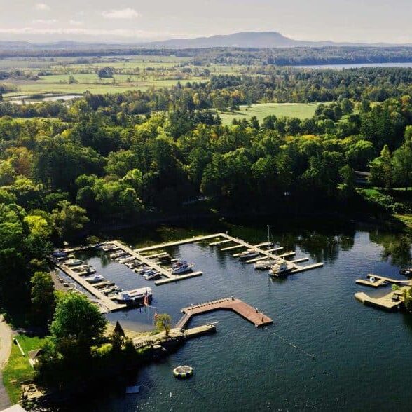 Aerial view of Basin Harbor boat docks