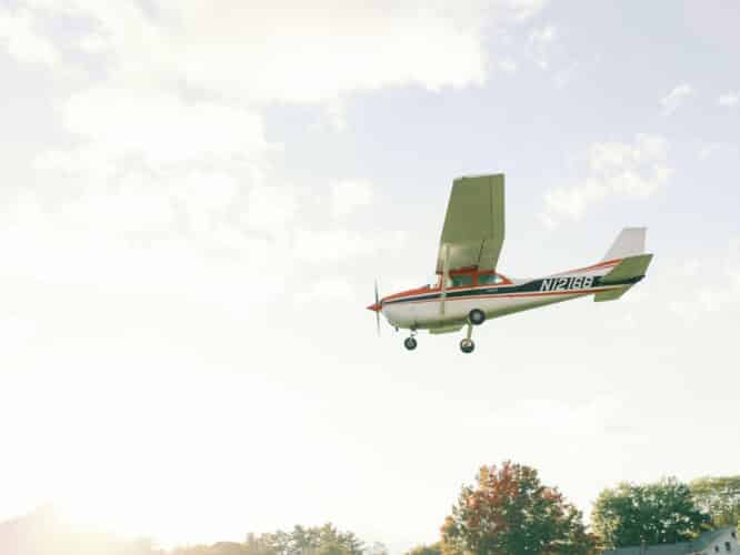 Small aircraft landing on the Basin Harbor airstrip