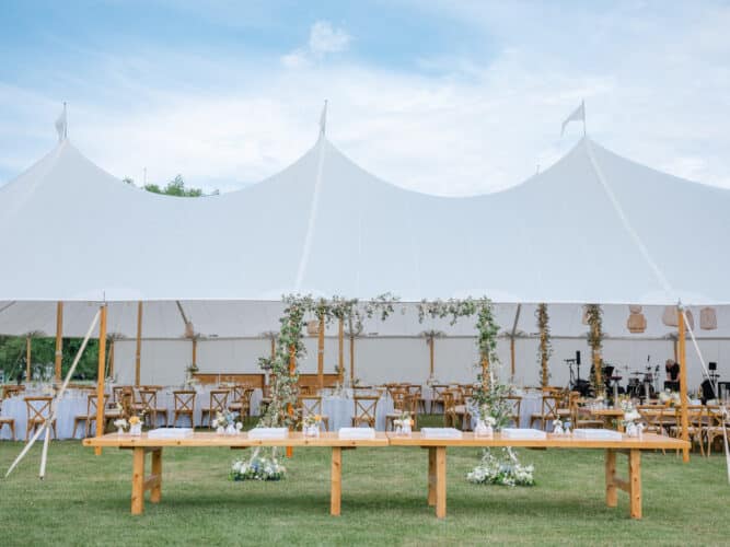A wedding tent set up for a reception