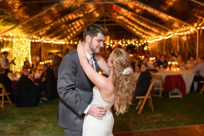 A bride and groom during their first dance